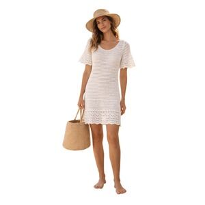 J McLaughlin Crochet Knit Dress White Boho Short Sleeve Mini Beach Coverup